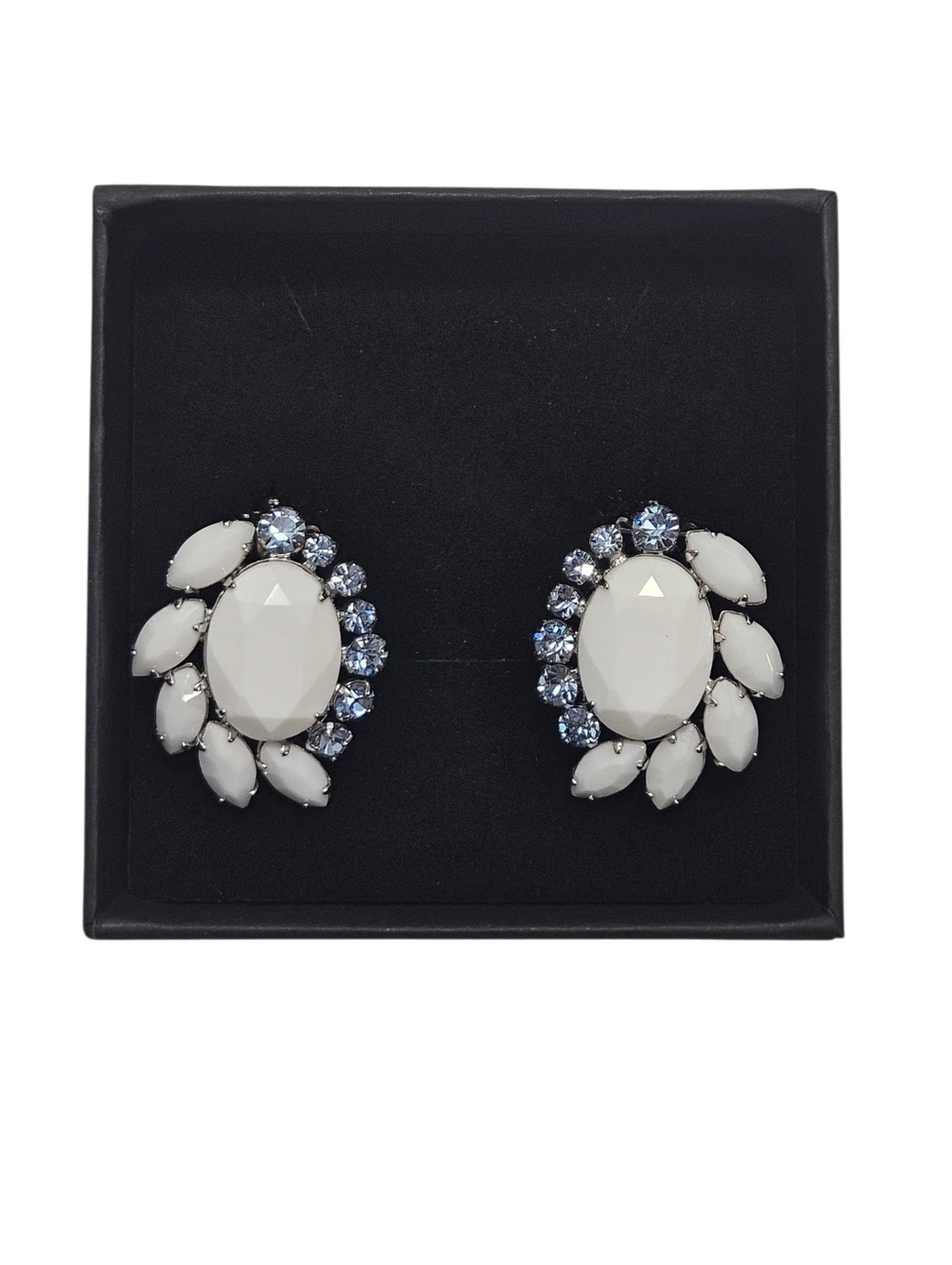 Vintage Sherman White Blue Rhinestone Clip On Earrings